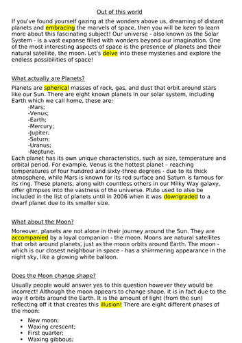 Solar System Information text and glossary