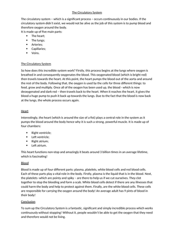 The Circulatory System Explanation text