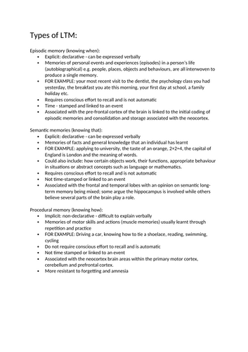 Alevel Psychology - Memory - Types of Long Term Memory