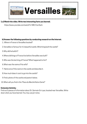 FRENCH inquiry worksheet activity - Versailles