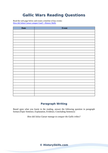 Julius Caesar's Gallic Wars Reading Comprehension Worksheet