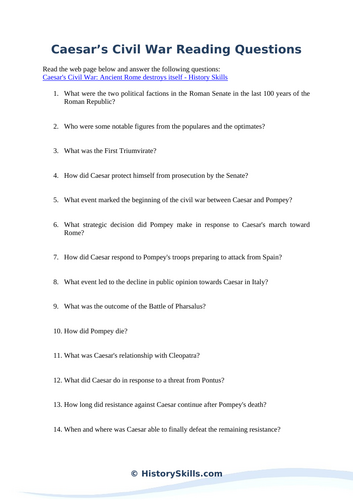 Caesar’s Civil War Reading Questions Worksheet