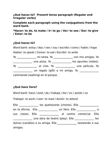¿Qué haces tú? Present tense paragraph (Regular and irregular verbs)