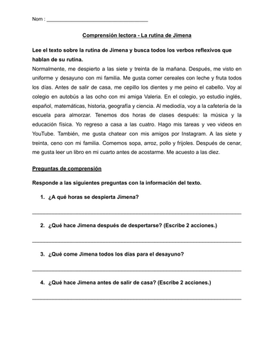 SPANISH - Reflexive verbs reading comprehension worksheet
