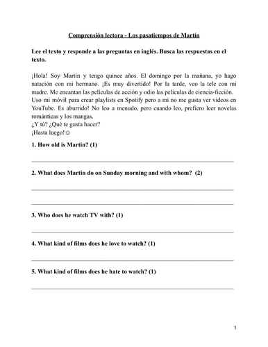 SPANISH - My hobbies reading comprehension worksheet