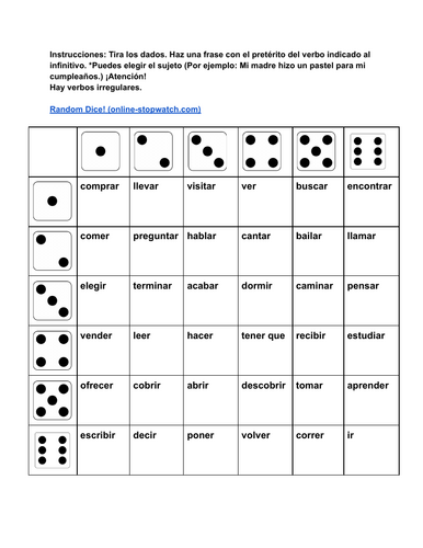 SPANISH dice board game - El pretérito (The past tense)