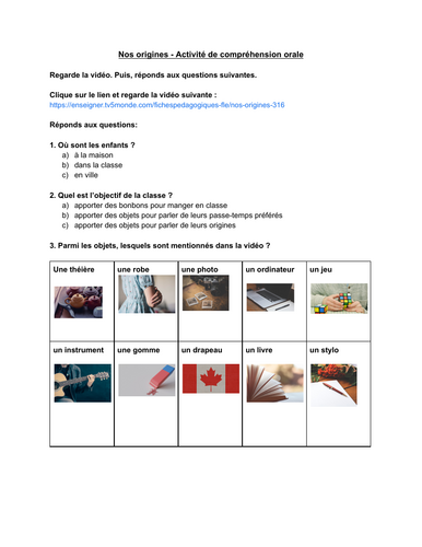 FRENCH - My origins listening comprehension worksheet