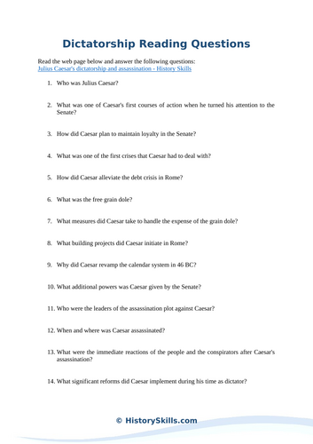 Julius Caesar's Dictatorship and Assassination Reading Questions