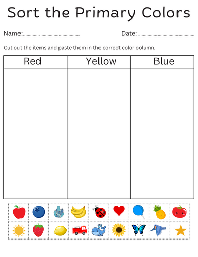 primary colors printable color sorting worksheet - toddler color sorting printa