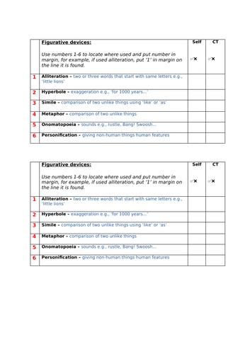 Figurative language - self-assessment grid