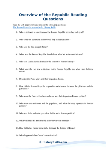 History of the Republic Reading Questions Worksheet