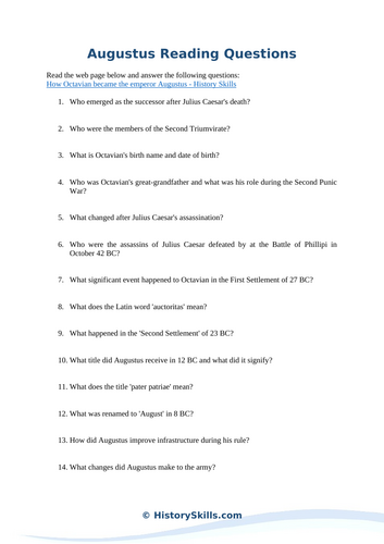 Life of Emperor Augustus Reading Questions Worksheet