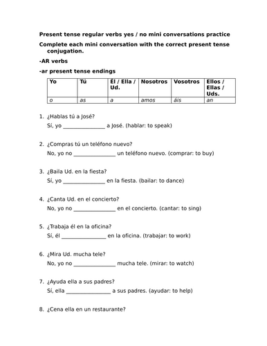 Present tense regular verbs yes / no mini conversations practice