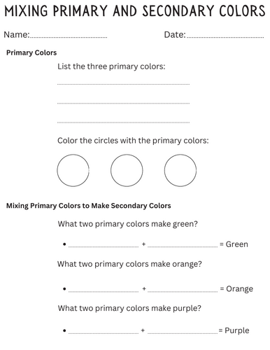 Printable mixing primary and secondary colors worksheet for kindergarten
