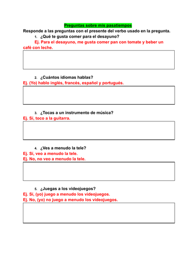 SPANISH worksheet - Preguntas sobre mis pasatiempos (Questions about my hobbies)