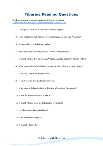 Emperor Tiberius Reading Questions Worksheet