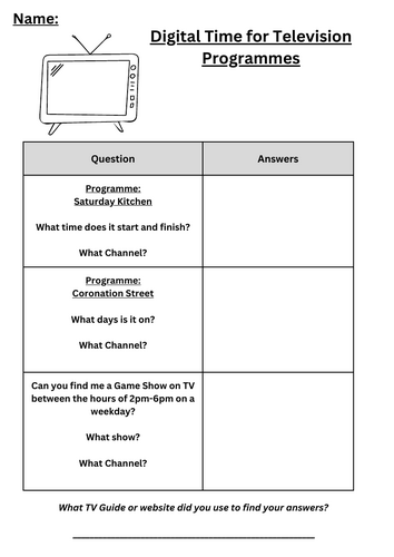 TV Guide Worksheet Task