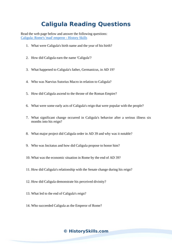 Emperor Caligula Reading Questions Worksheet