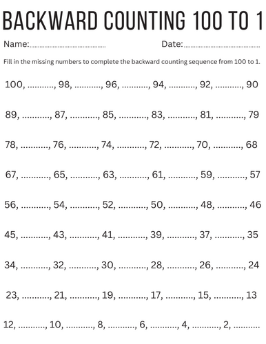 printable backward counting 100 to 1 worksheet for kindergarten