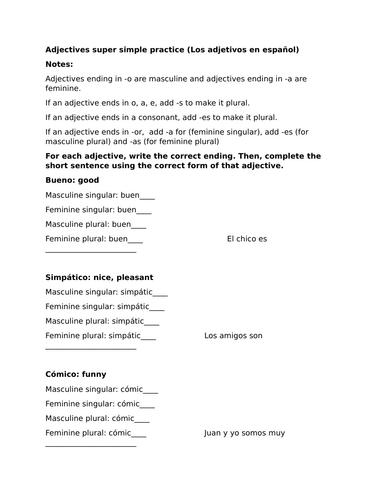 Adjectives super simple practice (Los adjetivos en español)