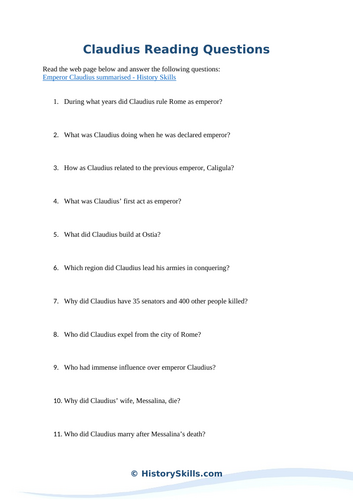 Emperor Claudius Reading Questions Worksheet