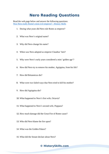 Emperor Nero Reading Questions Worksheet