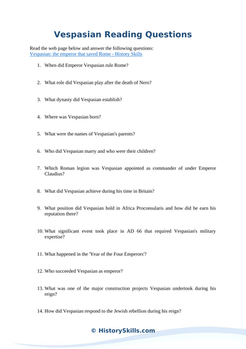 Emperor Vespasian Reading Questions Worksheet
