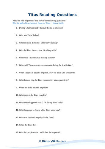 Emperor Titus Reading Questions Worksheet