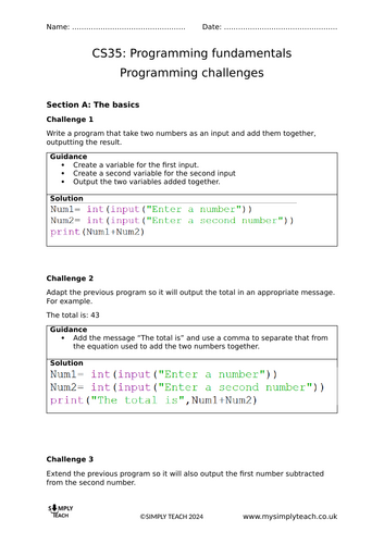 GCSE CS Programming challenges booklet (inc. solutions)