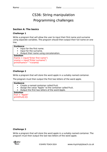 GCSE CS Programming challenges booklet - SAMPLE