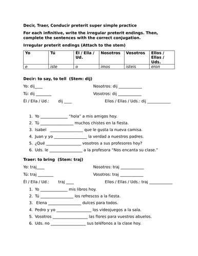 Decir, Traer, Conducir preterit super simple practice