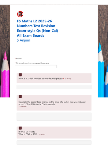 FS Maths L2 2025-26 Numbers Test Non Cal