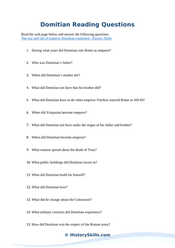 Emperor Domitian Reading Questions Worksheet