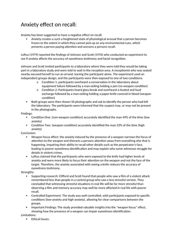 Alevel Psychology - Memory: Anxiety effect on recall