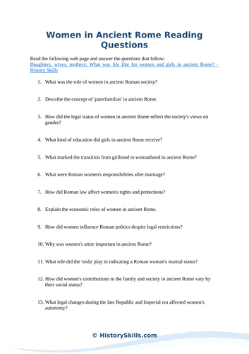 Women in Ancient Rome Reading Questions Worksheet