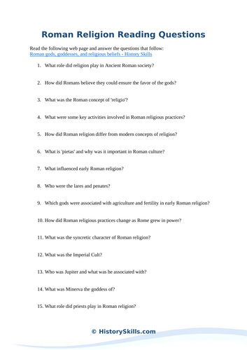 Ancient Roman Religion Reading Questions Worksheet