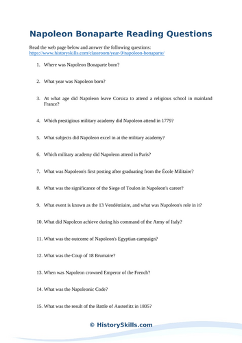 Rise and Fall of Napoleon Bonaparte Reading Questions Worksheet