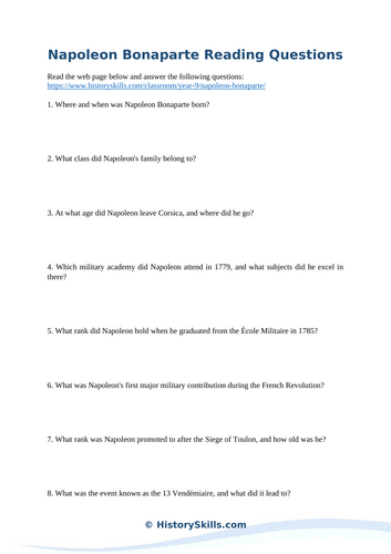 Rise and Fall of Napoleon Bonaparte Reading Questions Worksheet