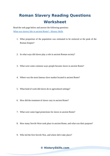 Roman Slavery Reading Questions Worksheet