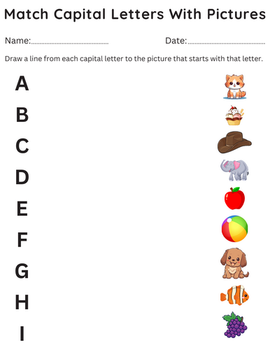 Printable match capital letters with pictures kindergarten worksheets