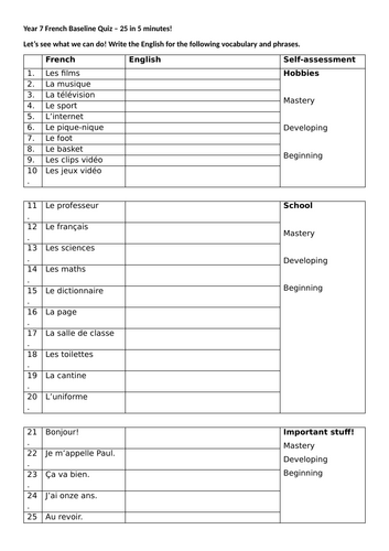 KS3 and KS4 French Baseline Tests