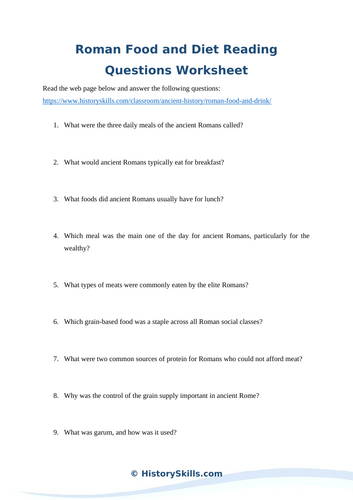 Roman Food and Diet Reading Questions Worksheet