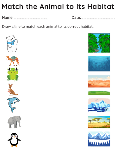 printable match the animal to its habitat worksheet for kindergarten