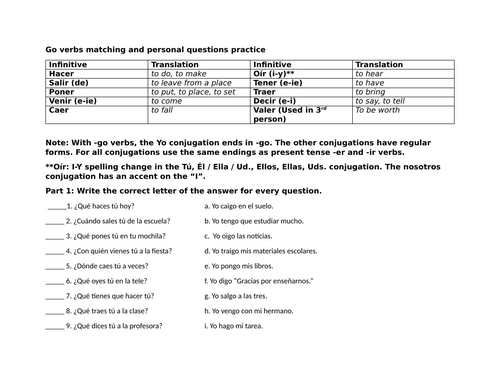 Go verbs matching and personal questions practice