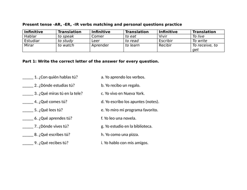 Present tense -AR, -ER, -IR verbs matching and personal questions practice