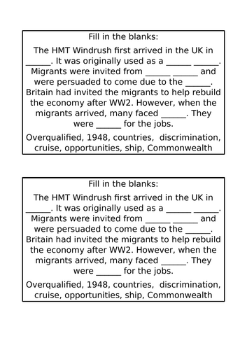 Year 5-6 Windrush Social History Case Study Planning and Resources