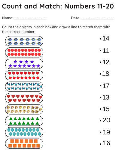 kindergarten count and match worksheets 11-20 - printable numbers 11-20 activity