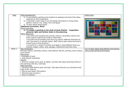 Andy Warhol Year 1 Art planning