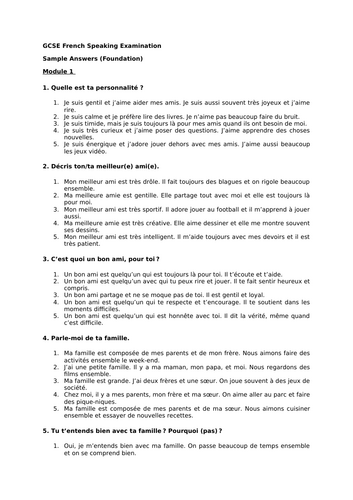 GCSE French Speaking Examination Booklet and Resources (2016 Specification)