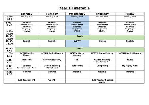 Year 1 Timetable with CP